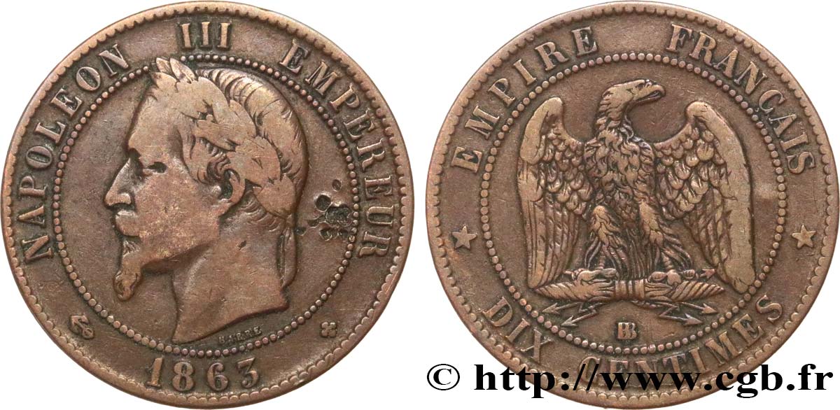 Dix centimes Napoléon III, tête laurée 1863 Strasbourg F.134/11 BC 