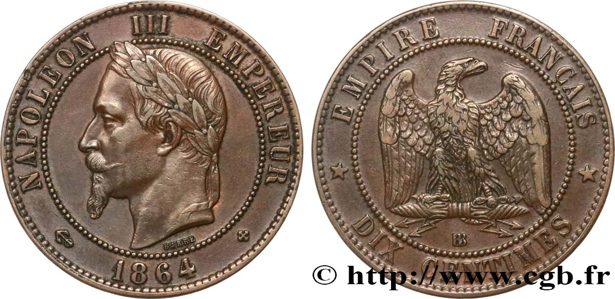 Dix centimes Napoléon III, tête laurée 1864 Strasbourg F.134/14 TTB 