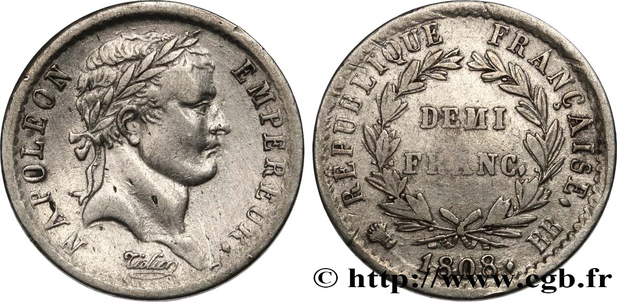 Demi-franc Napoléon Ier tête laurée, République française 1808 Strasbourg F.177/4 TB+ 