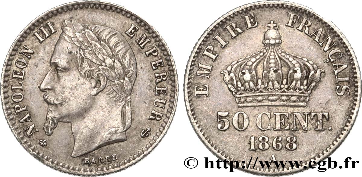 50 centimes Napoléon III, tête laurée 1868 Paris F.188/20 SS45 