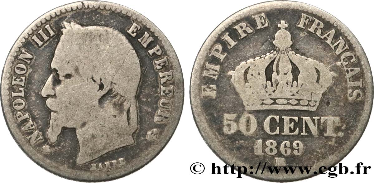 50 centimes Napoléon III, tête laurée 1869 Strasbourg F.188/23 B10 