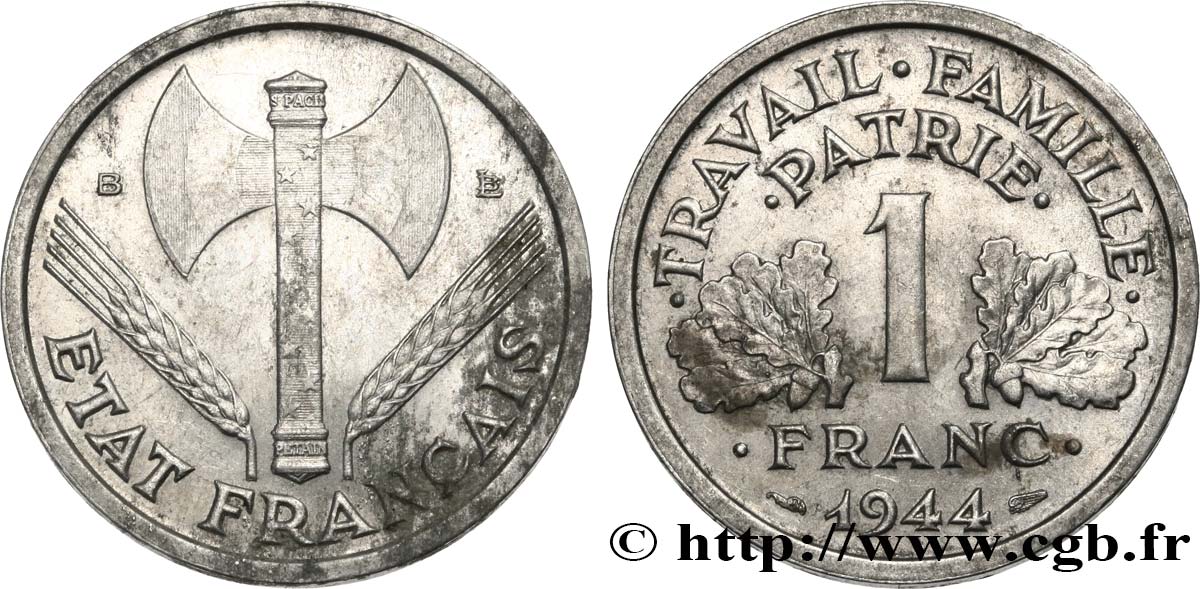 1 franc Francisque, légère 1944 Beaumont-Le-Roger F.223/6 XF 
