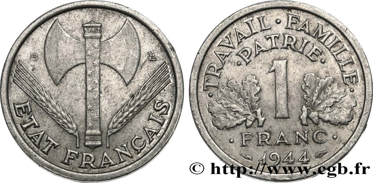 1 franc Francisque, légère 1944 Beaumont-Le-Roger F.223/6 TB35 