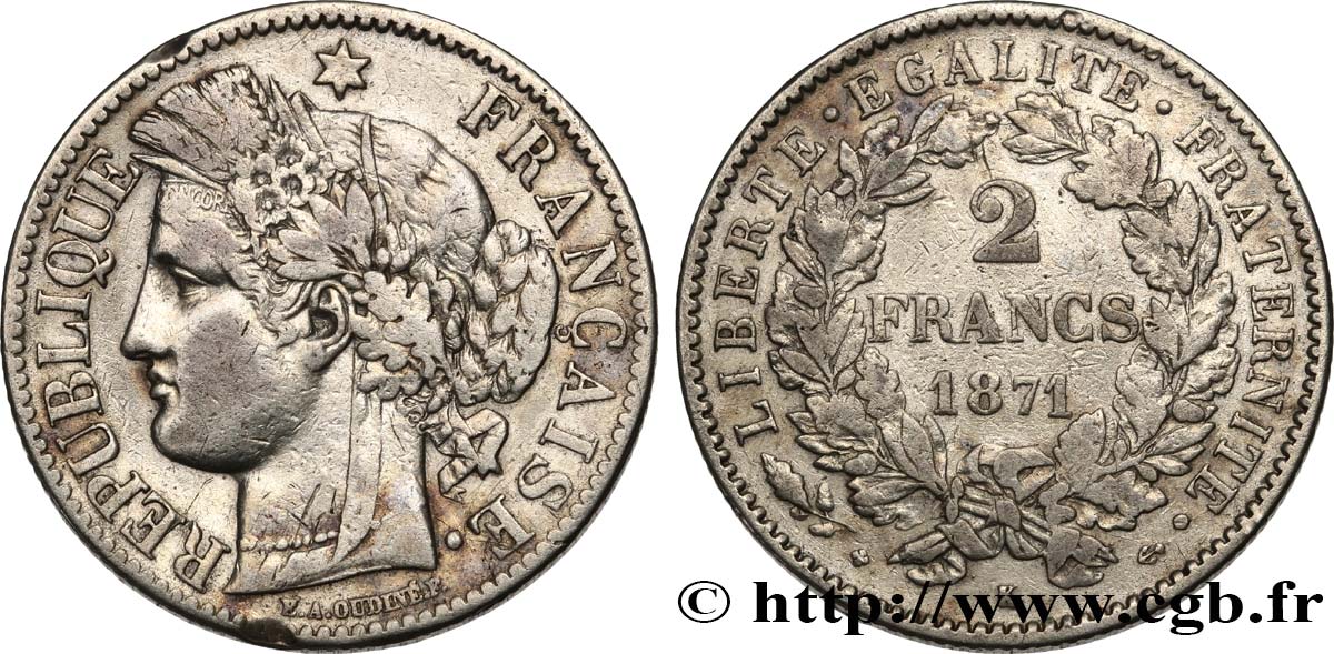 2 francs Cérès, avec légende 1871 Bordeaux F.265/7 VF 