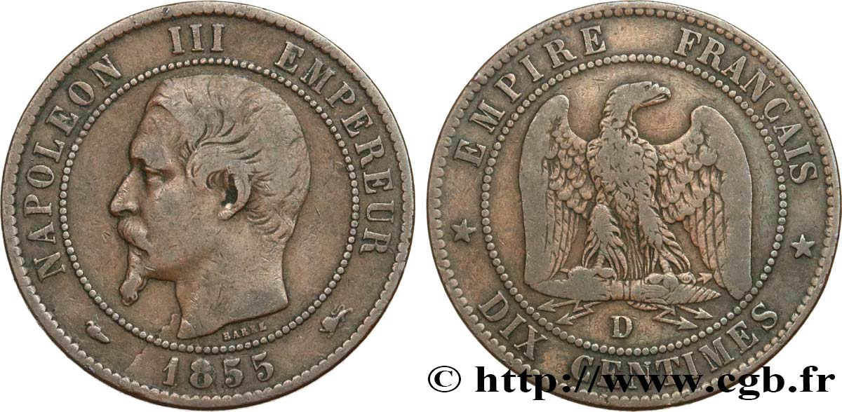 Dix centimes Napoléon III, tête nue 1855 Lyon F.133/25 S20 