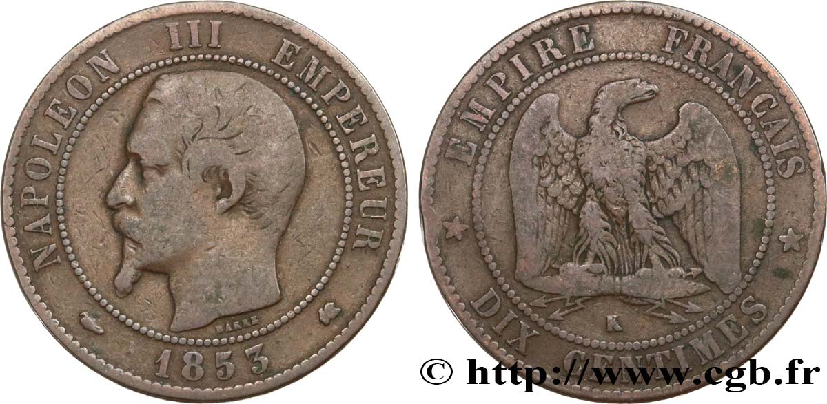 Dix centimes Napoléon III, tête nue 1853 Bordeaux F.133/7 B12 