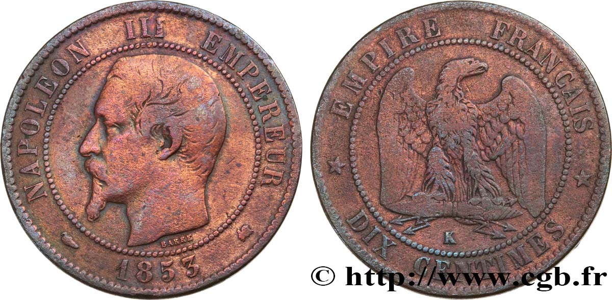 Dix centimes Napoléon III, tête nue 1853 Bordeaux F.133/7 q.MB 