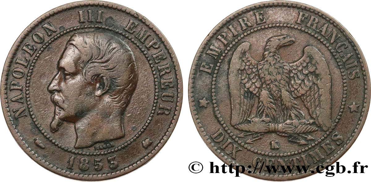 Dix centimes Napoléon III, tête nue 1853 Bordeaux F.133/7 MB25 