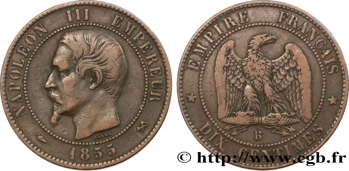 Dix centimes Napoléon III, tête nue 1855 Rouen F.133/21 VF25 