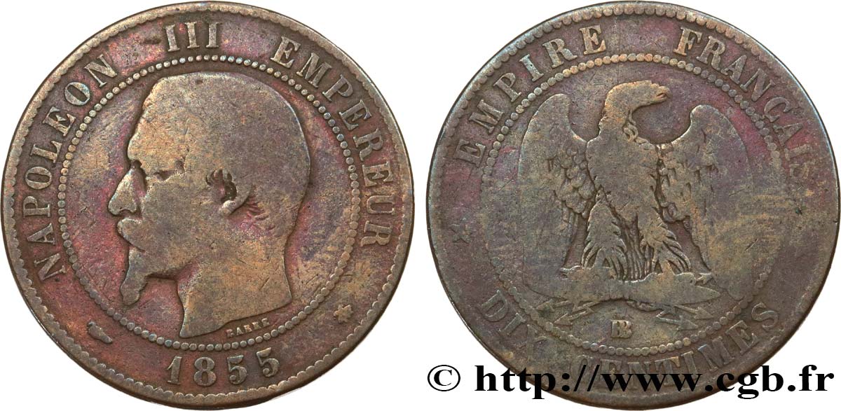 Dix centimes Napoléon III, tête nue 1855 Strasbourg F.133/23 B6 