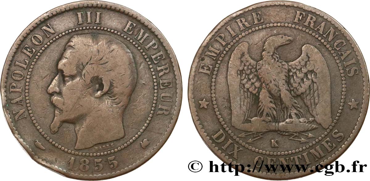 Dix centimes Napoléon III, tête nue 1855 Bordeaux F.133/27 B12 