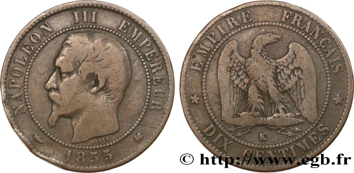 Dix centimes Napoléon III, tête nue 1855 Bordeaux F.133/27 RC12 