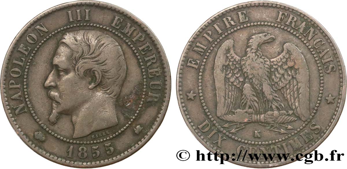 Dix centimes Napoléon III, tête nue 1855 Bordeaux F.133/29 VF25 