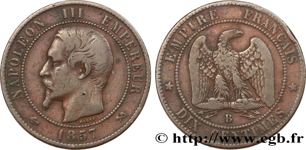 Dix centimes Napoléon III, tête nue 1857 Rouen F.133/42 TB15 