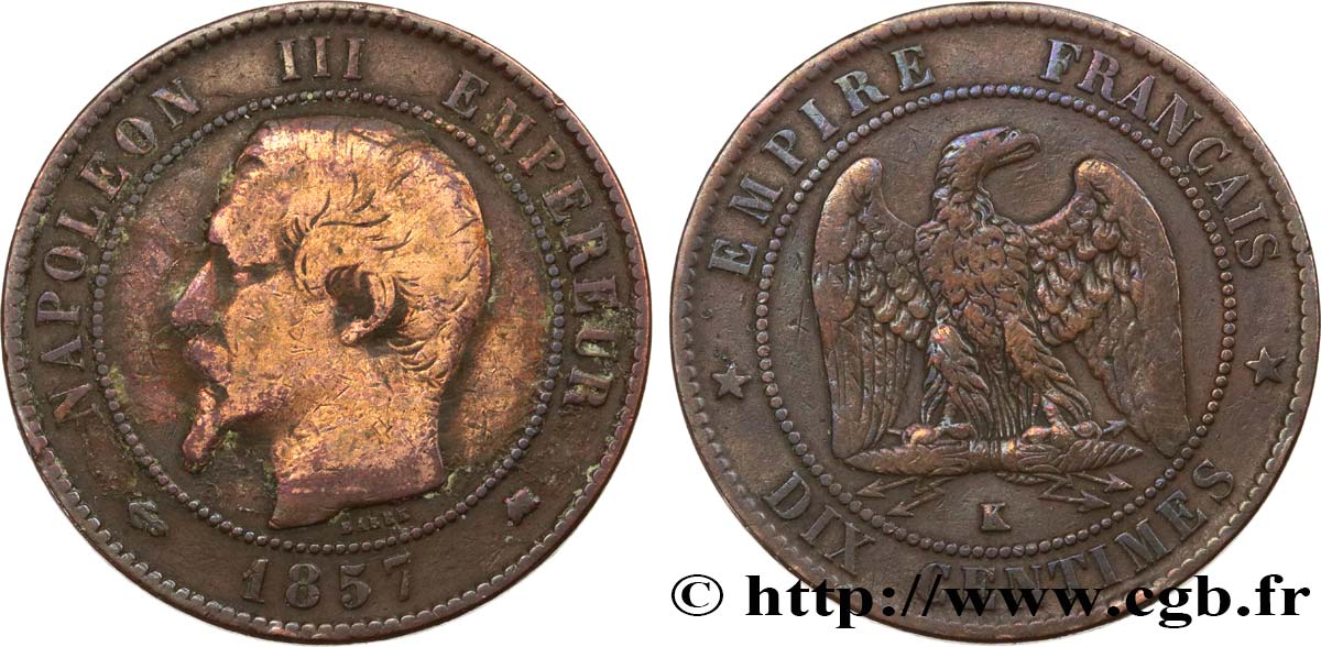 Dix centimes Napoléon III, tête nue 1857 Bordeaux F.133/44 VF 