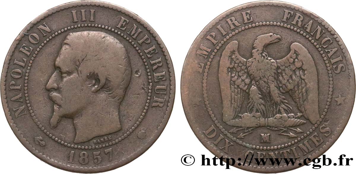 Dix centimes Napoléon III, tête nue 1857 Marseille F.133/45 TB15 