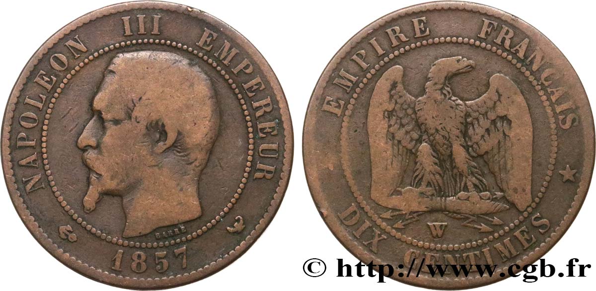 Dix centimes Napoléon III, tête nue 1857 Lille F.133/46 TB15 