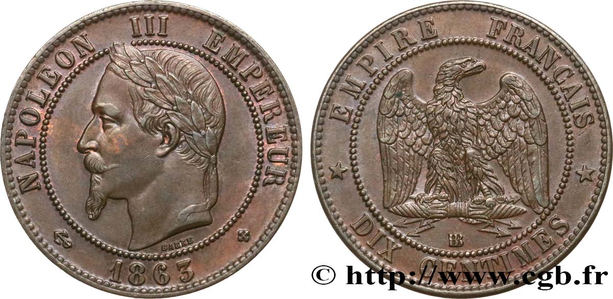 Dix centimes Napoléon III, tête laurée 1863 Strasbourg F.134/11 TTB53 