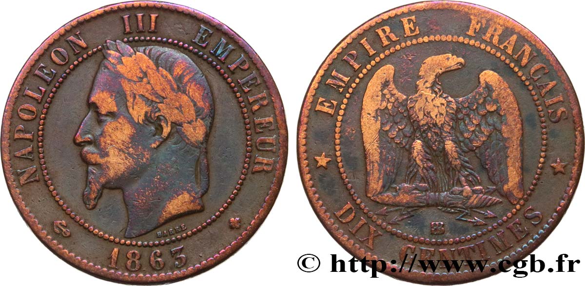 Dix centimes Napoléon III, tête laurée 1863 Strasbourg F.134/11 MB 
