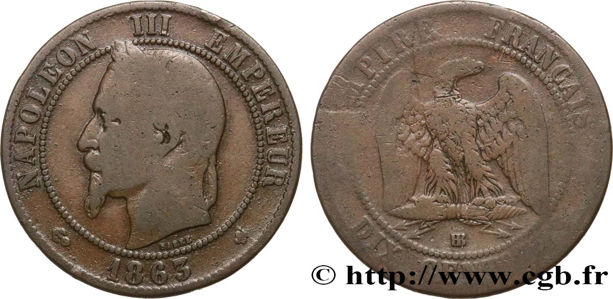 Dix centimes Napoléon III, tête laurée 1863 Strasbourg F.134/11 SGE8 
