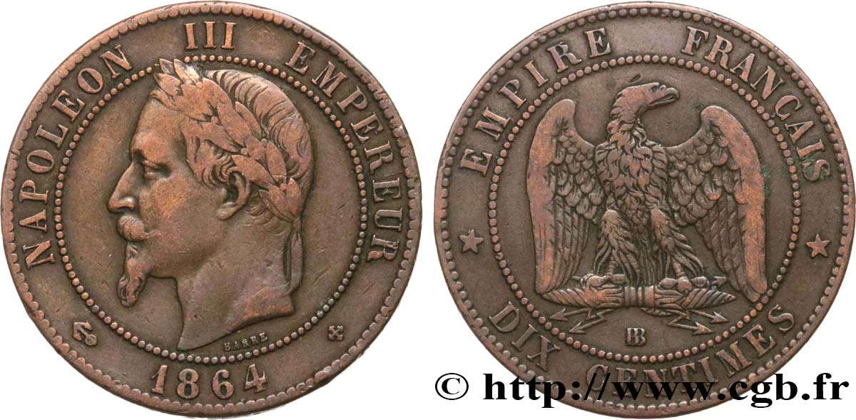 Dix centimes Napoléon III, tête laurée 1864 Strasbourg F.134/14 VF25 