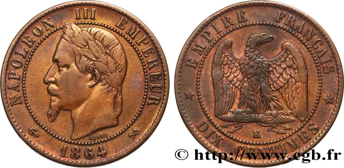Dix centimes Napoléon III, tête laurée 1864 Bordeaux F.134/15 fSS 
