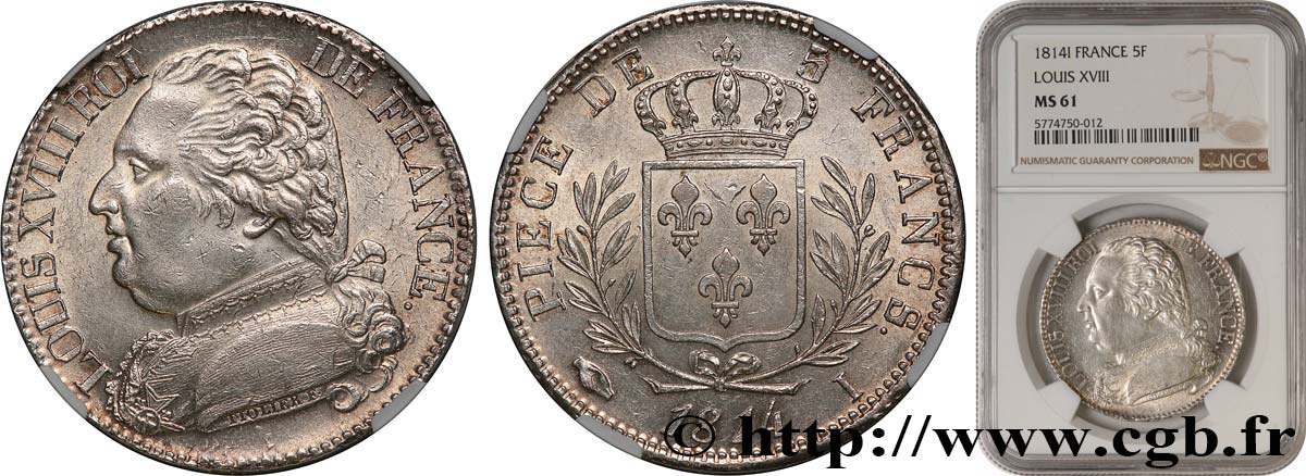 5 francs Louis XVIII, buste habillé 1814 Limoges F.308/6 SPL61 NGC