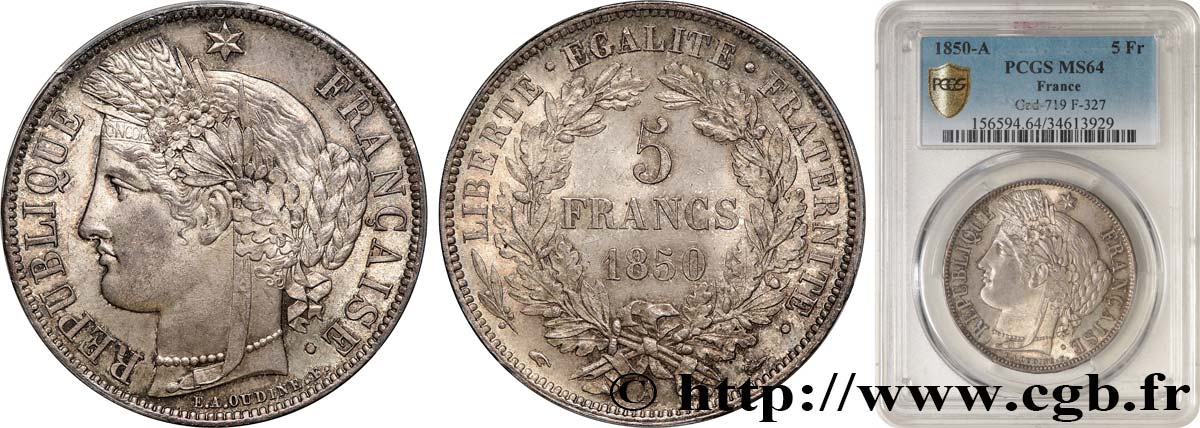 5 francs Cérès, IIe République 1850 Paris F.327/4 SC64 PCGS
