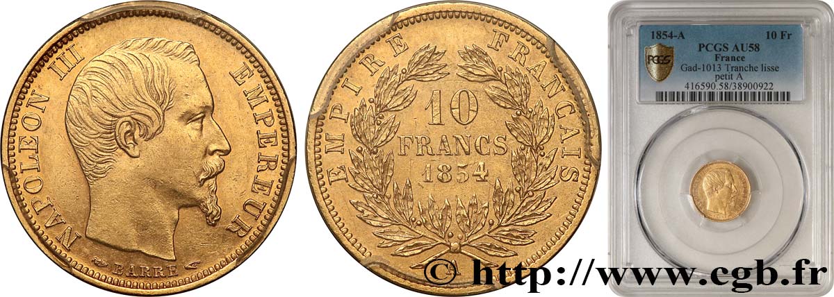 10 francs or Napoléon III, tête nue, petit module, tranche lisse 1854 Paris F.505/1 EBC58 PCGS