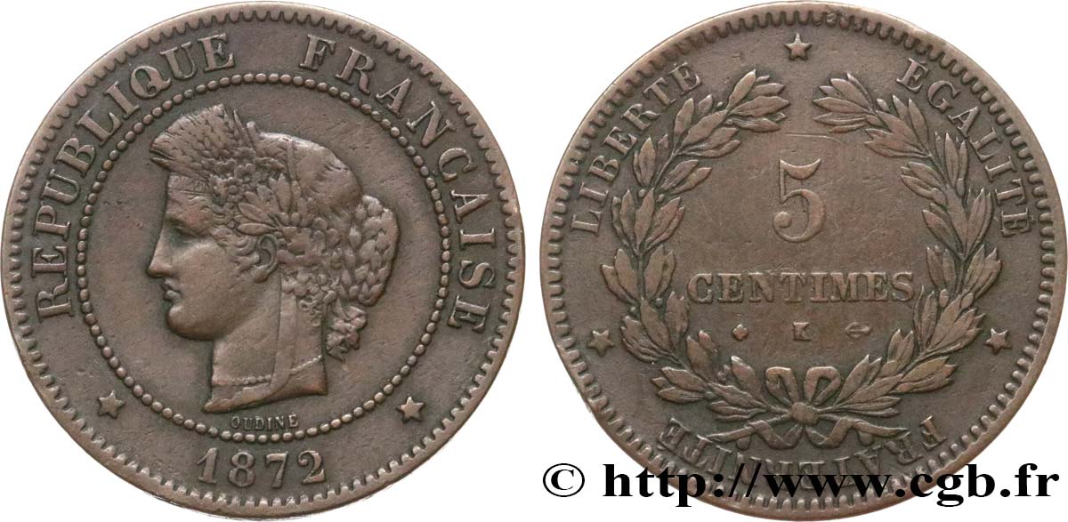 5 centimes Cérès 1872 Bordeaux F.118/6 VF30 