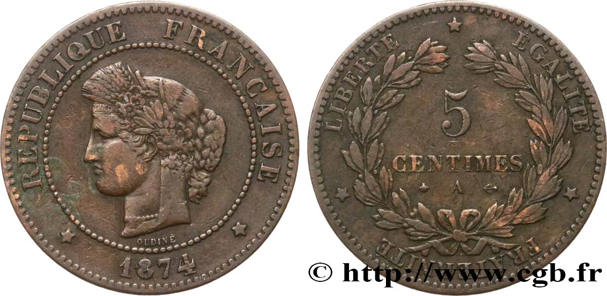 5 centimes Cérès 1874 Paris F.118/9 VF25 