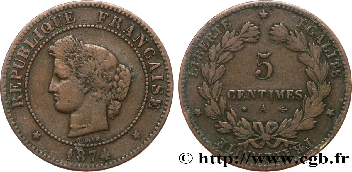 5 centimes Cérès 1874 Paris F.118/9 TB20 