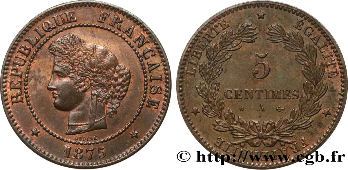 5 centimes Cérès 1875 Paris F.118/11 SPL55 