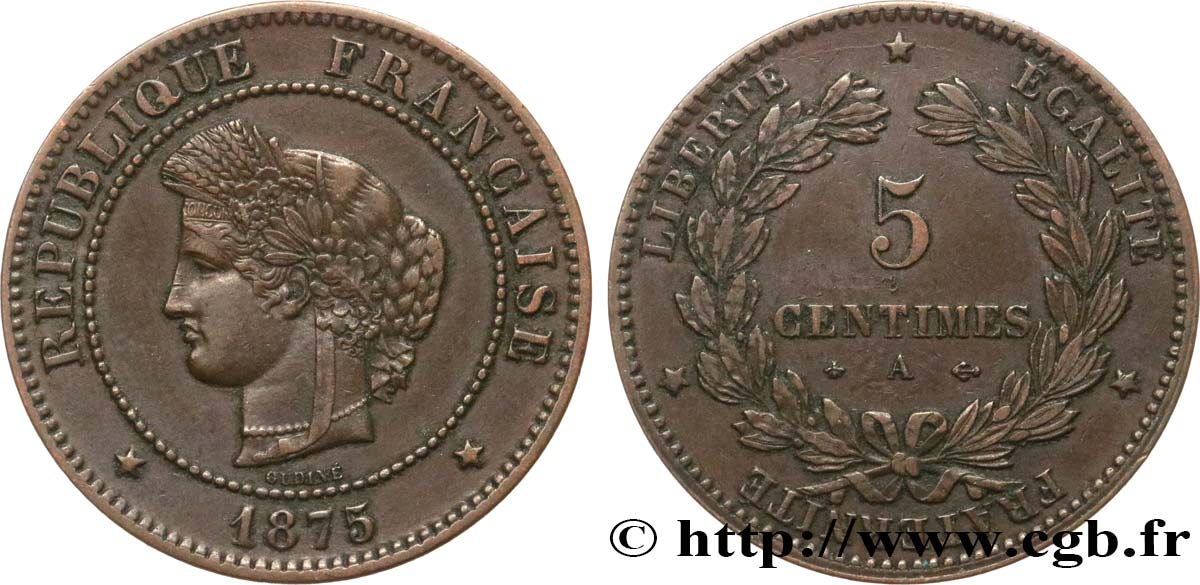 5 centimes Cérès 1875 Paris F.118/11 XF45 