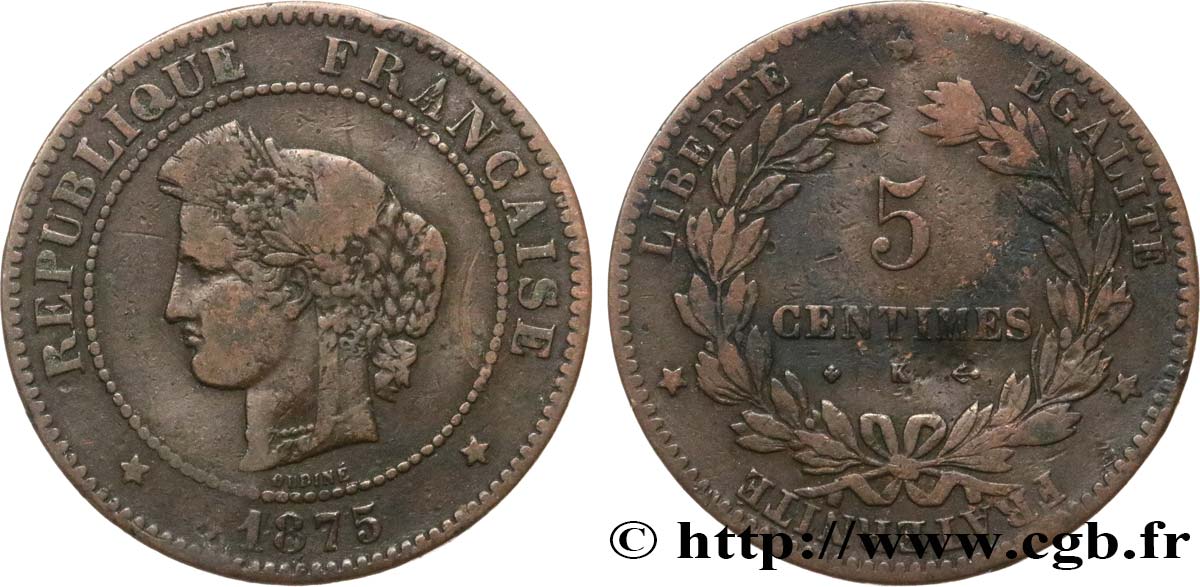 5 centimes Cérès 1875 Bordeaux F.118/12 MB15 