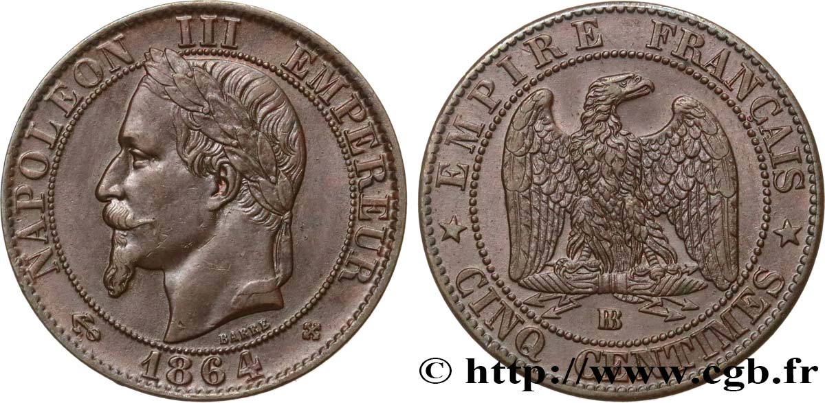 Cinq centimes Napoléon III, tête laurée 1864 Strasbourg F.117/14 SS50 