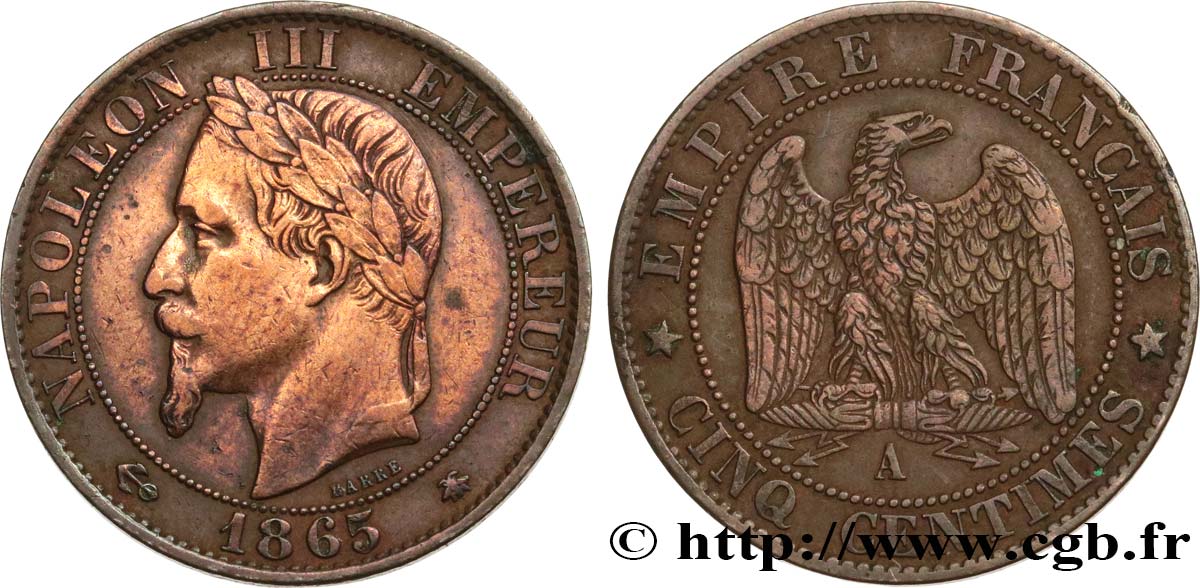 Cinq centimes Napoléon III, tête laurée 1865 Paris F.117/16 q.BB 