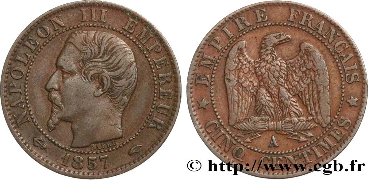 Cinq centimes Napoléon III, tête nue 1857 Paris F.116/37 TB35 