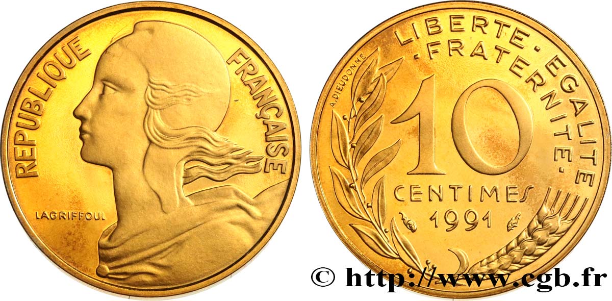 10 centimes Marianne, BU (Brillant Universel), frappe médaille 1991 Pessac F.144/32 FDC 