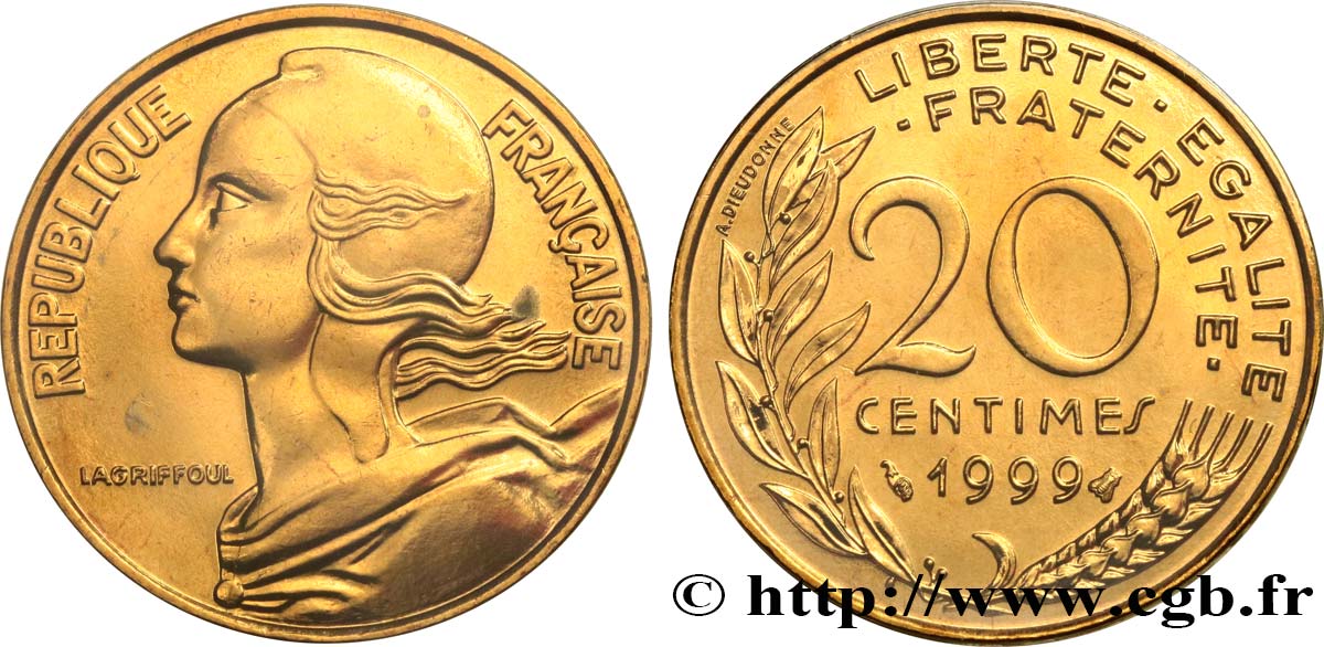 20 centimes Marianne, BU (Brillant Universel) 1999 Pessac F.156/43 MS 