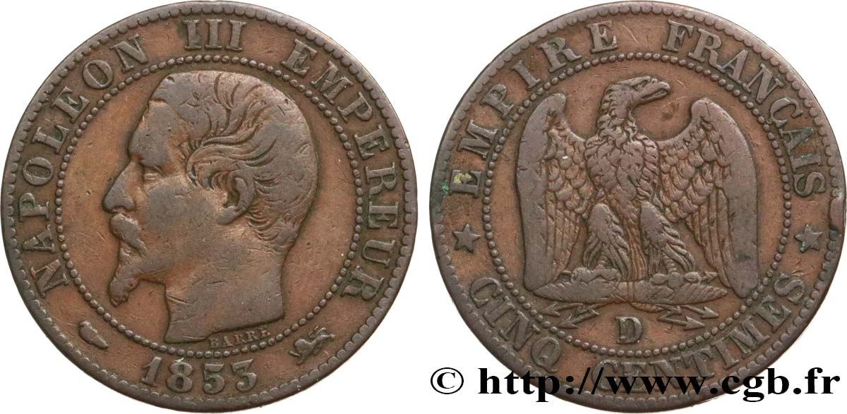 Cinq centimes Napoléon III, tête nue 1853 Lyon F.116/4 MB20 