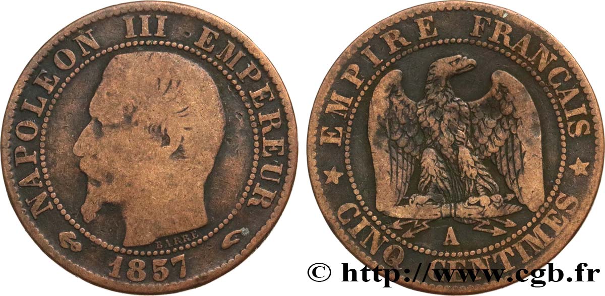 Cinq centimes Napoléon III, tête nue 1857 Paris F.116/37 F12 