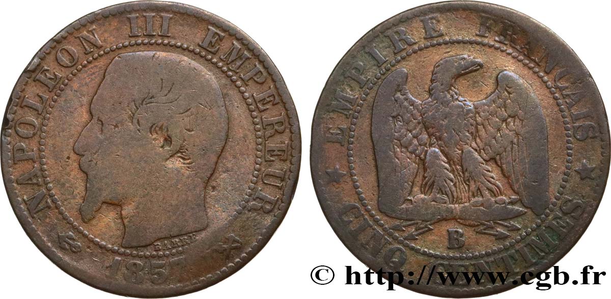 Cinq centimes Napoléon III, tête nue 1857 Rouen F.116/38 VG10 