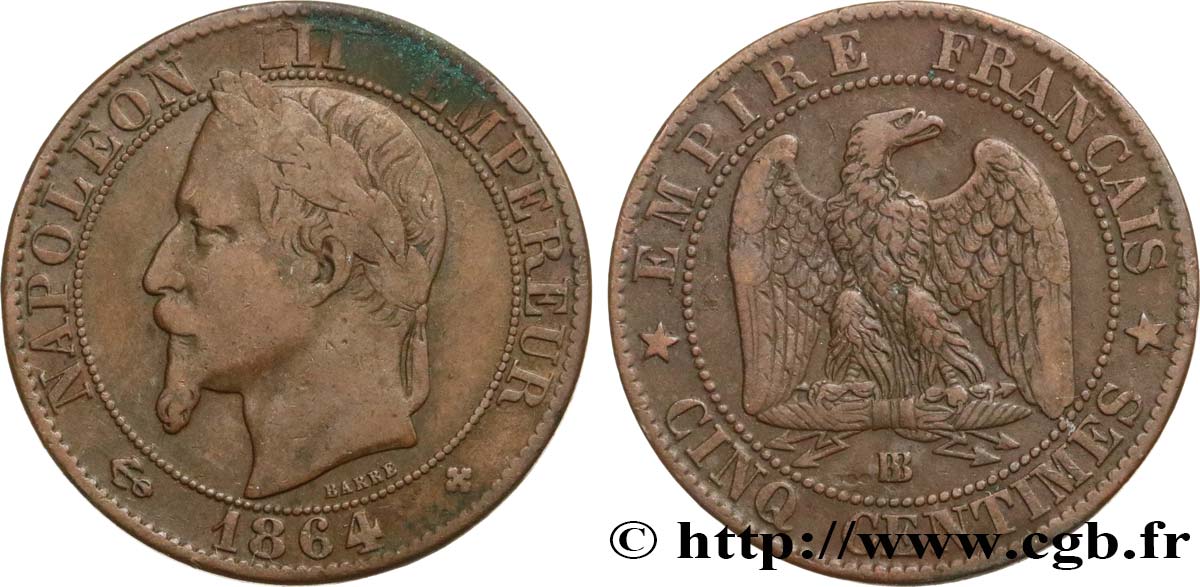 Cinq centimes Napoléon III, tête laurée 1864 Strasbourg F.117/14 VF25 