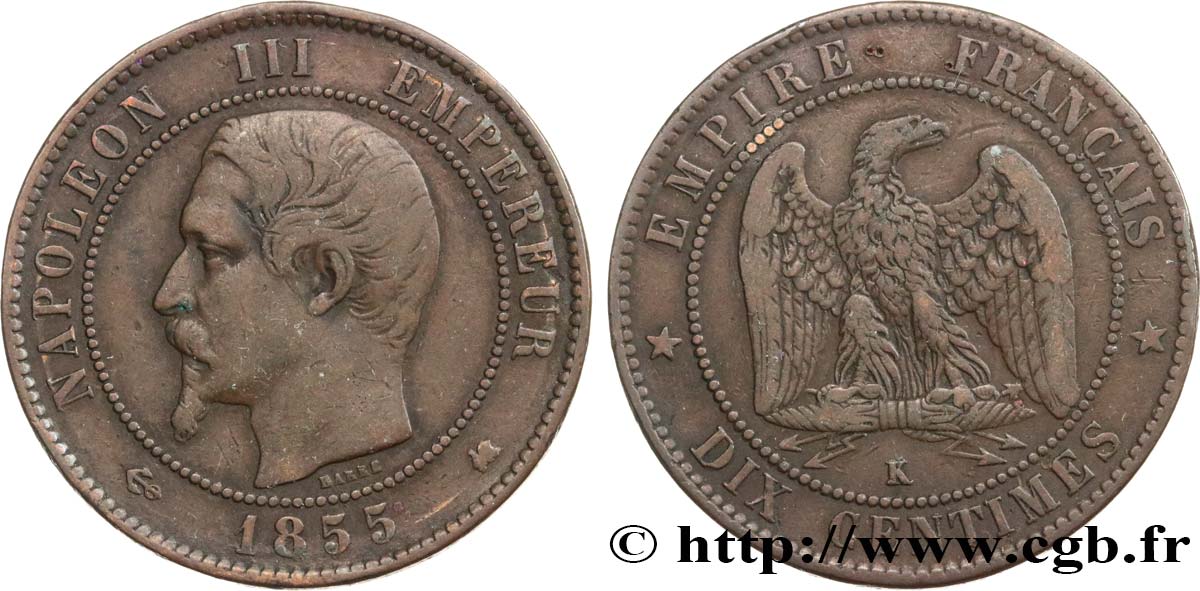 Dix centimes Napoléon III, tête nue 1855 Bordeaux F.133/29 TB25 
