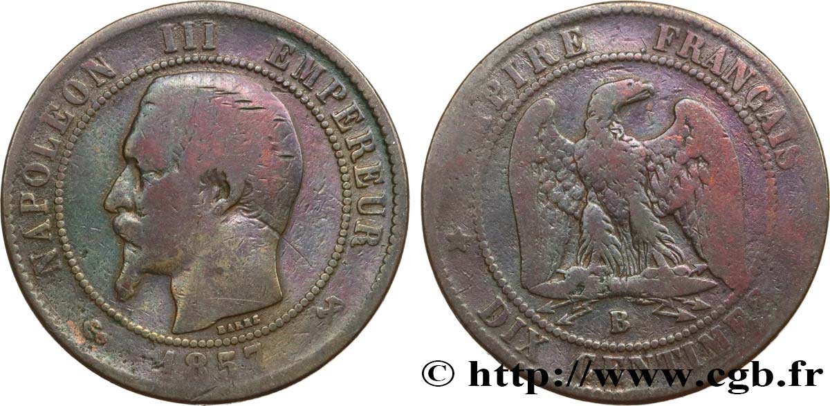 Dix centimes Napoléon III, tête nue 1857 Rouen F.133/42 MB 