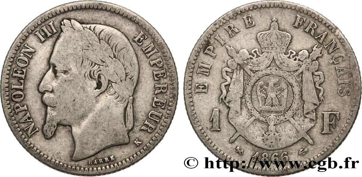 1 franc Napoléon III, tête laurée 1866 Bordeaux F.215/5 F15 