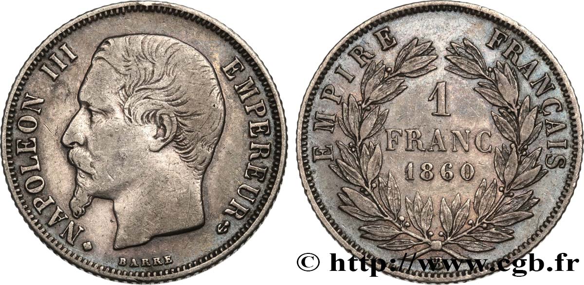 1 franc Napoléon III, tête nue 1860 Strasbourg F.214/19 TB+ 