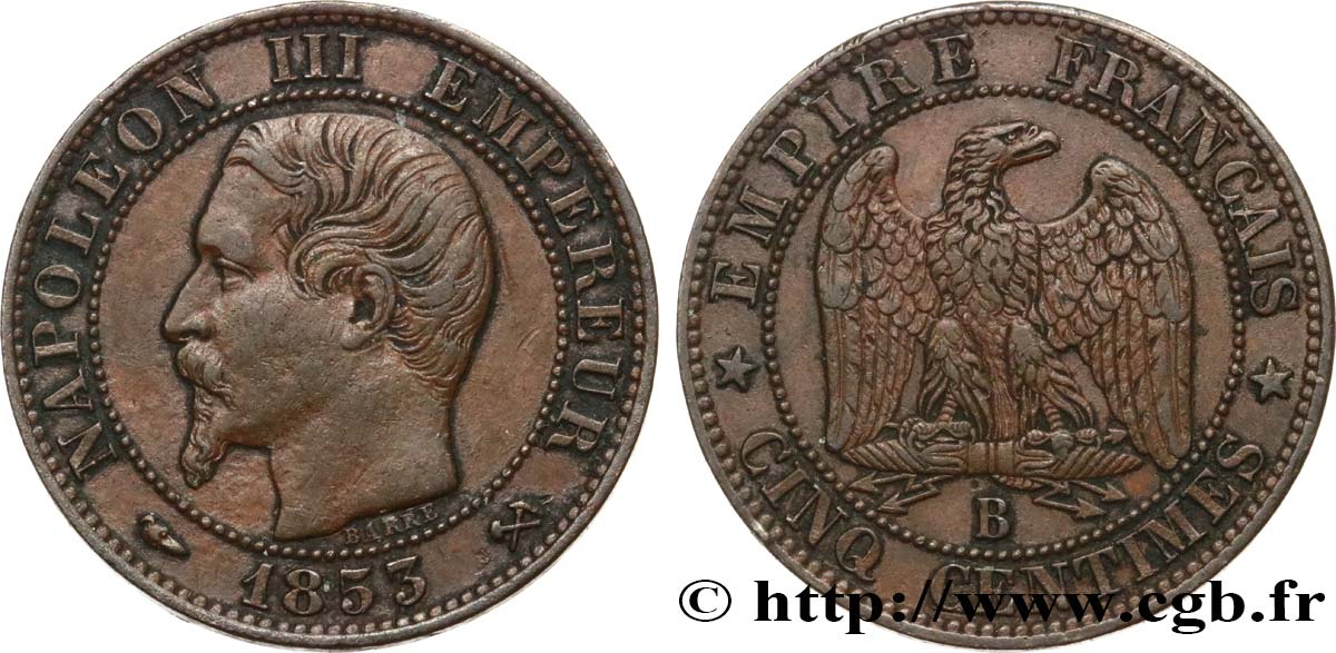 Cinq centimes Napoléon III, tête nue 1853 Rouen F.116/2 TTB45 