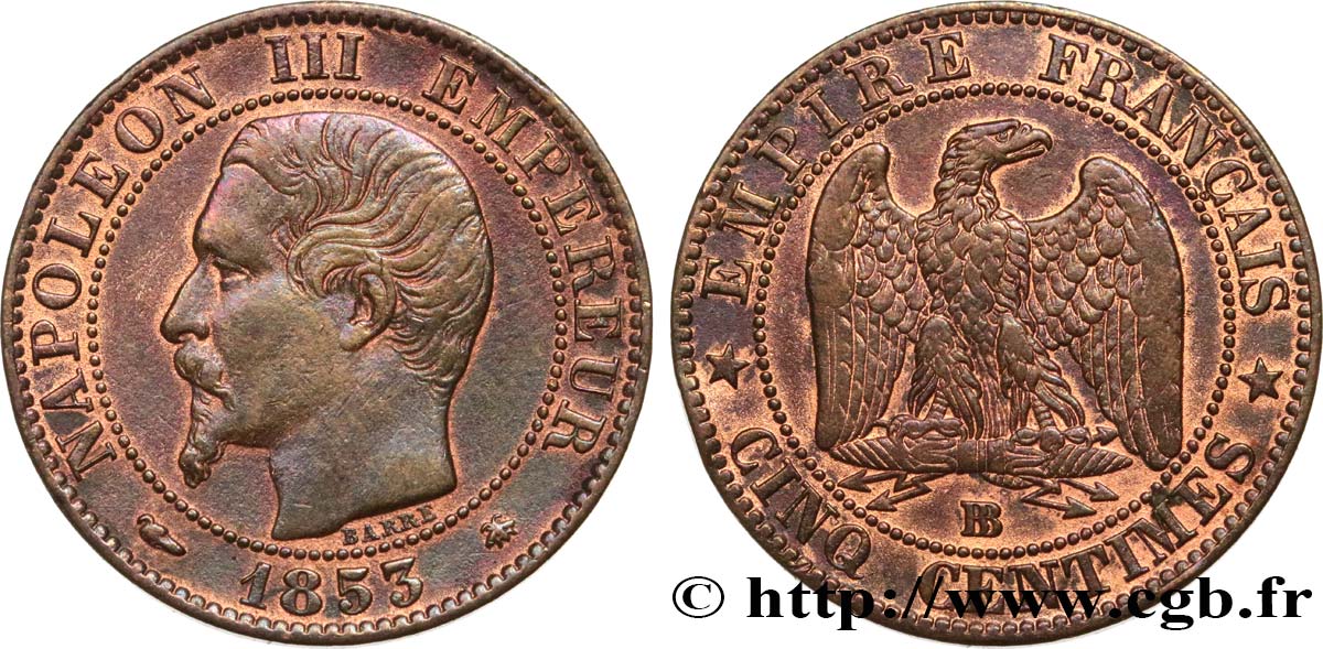 Cinq centimes Napoléon III, tête nue 1853 Strasbourg F.116/3 BC+ 